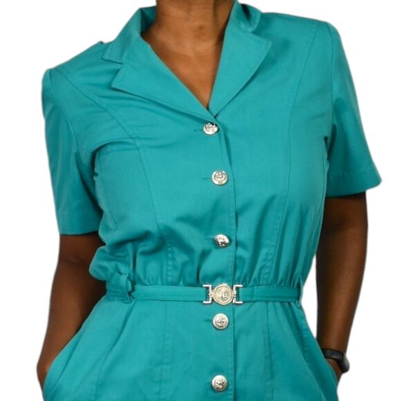 Vintage Together Shirtdress Green Dress Straight Belt Lattice Cutout LionHead 10 - Picture 4 of 14